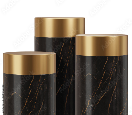 3D render stand black and gold podium with transparent background scene for product presentation display showcase