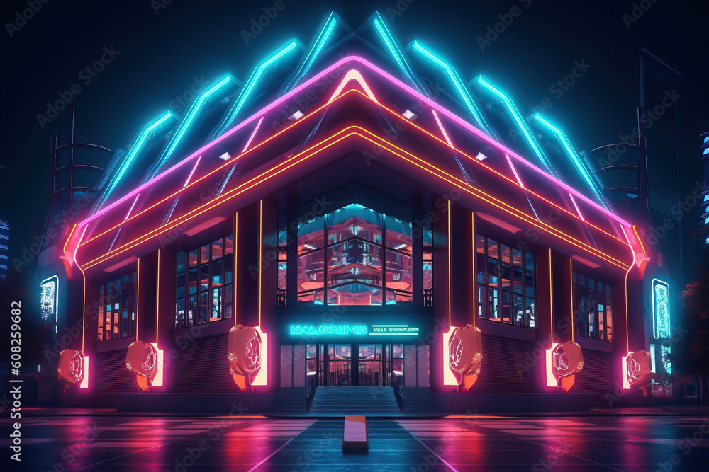 Generative AI illustration of dome building with round structural design and glowing neon lights on dark night sky in city amusement park with cars Generative AI illustration of dome building with round structural design and glowing neon lights on dark night sky in city amusement park with cars