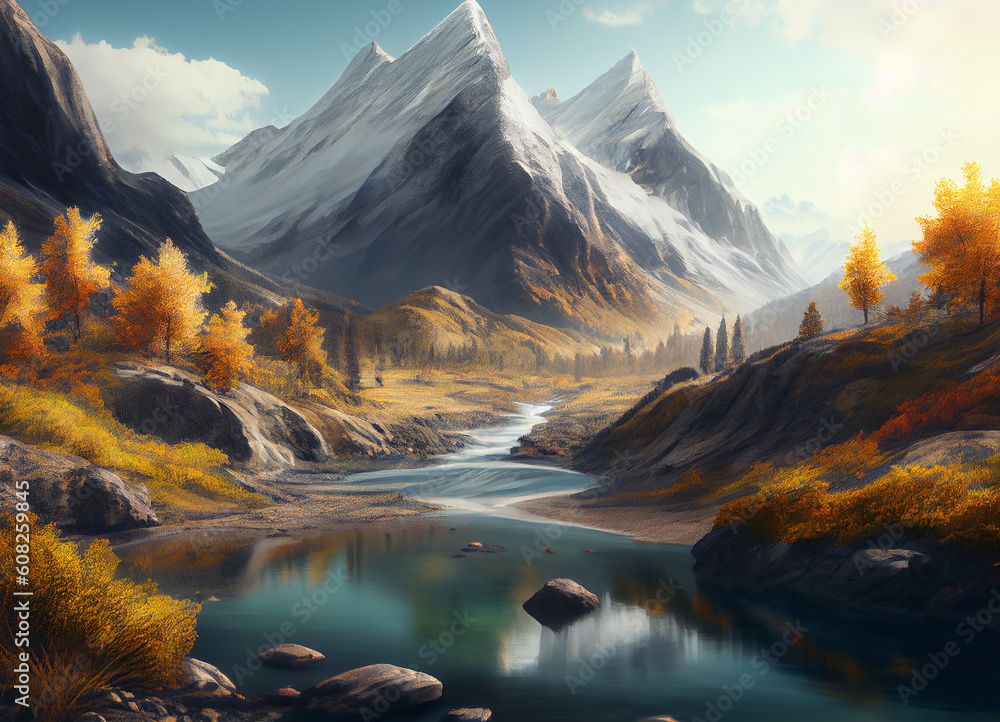 Fototapeta premium A beautiful autumn scene unfolds, where a mighty mountain towers over a serene river, its banks adorned with trees ablaze in the rich hues of the fall, painting a breathtaking portrait of nature