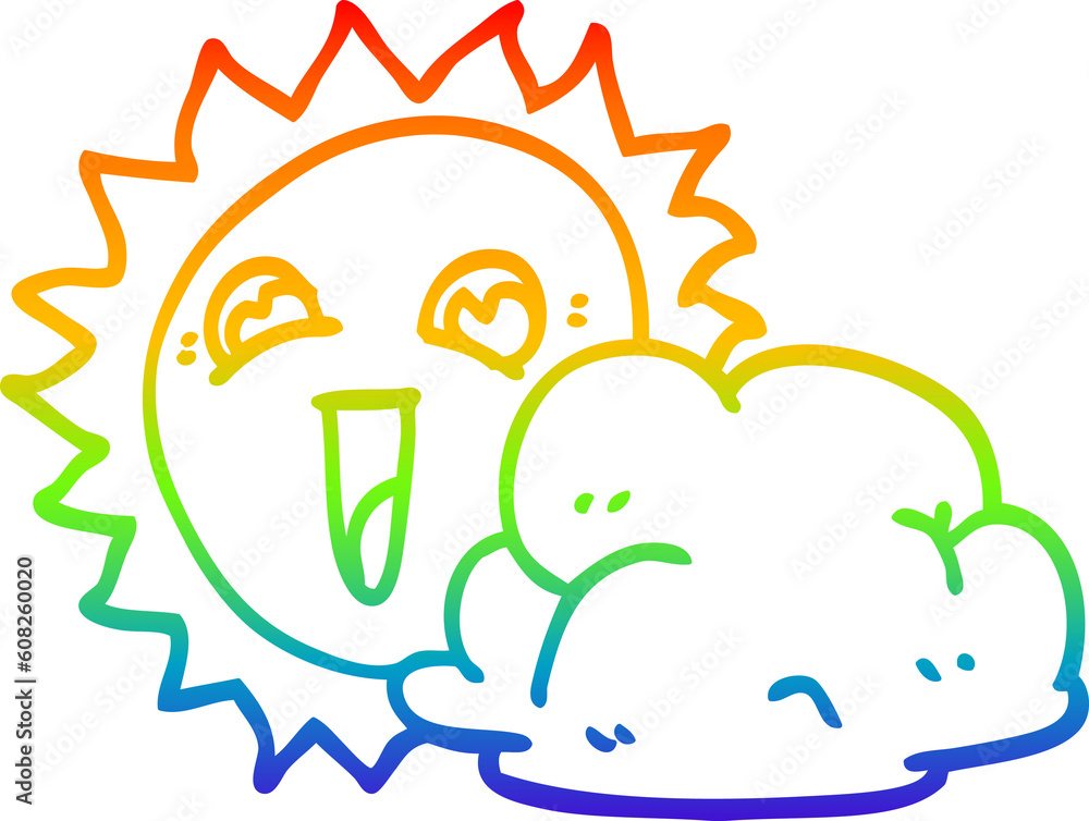 rainbow gradient line drawing of a cartoon sun and cloud rainbow gradient line drawing of a cartoon sun and cloud