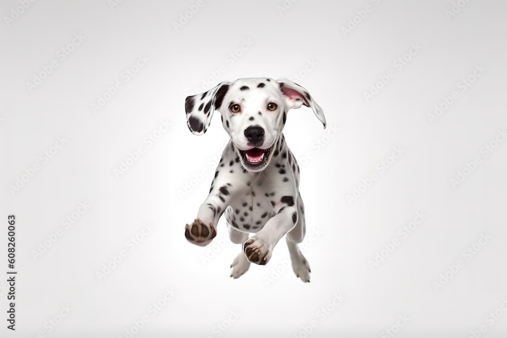  Dalmatian young dog is posing. Cute playful white-braun doggy or pet is playing and looking happy isolated on white background. Concept of motion, action, movement, generative ai
