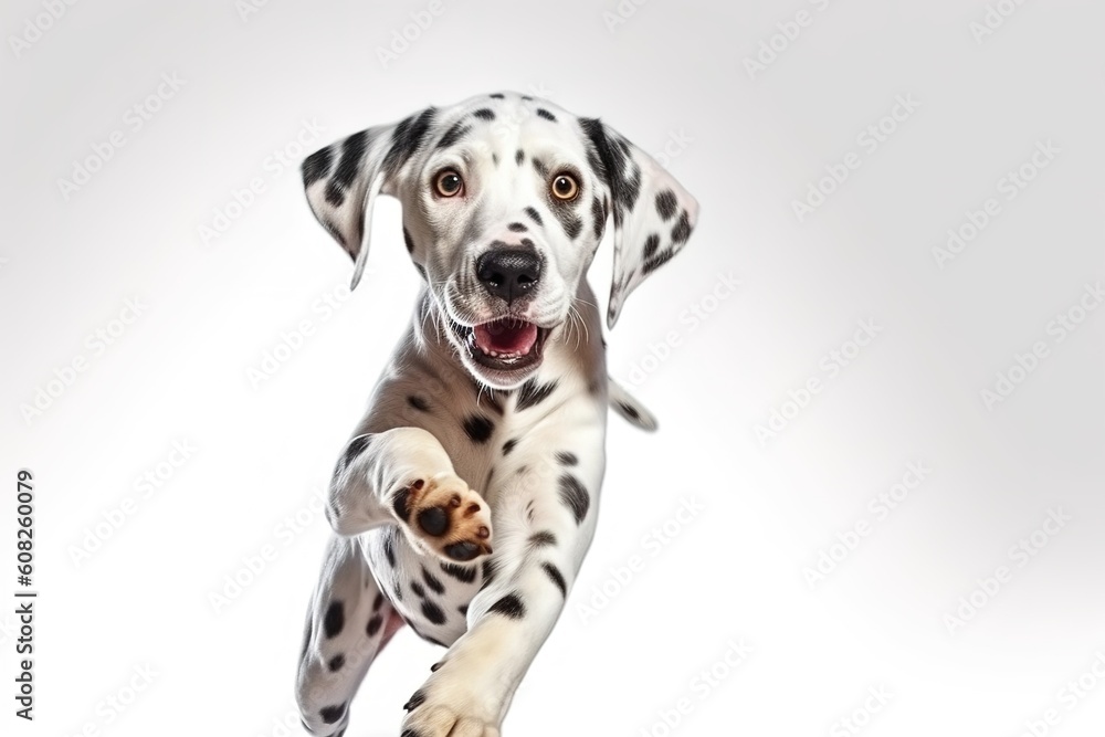 Pure youth crazy. Dalmatian young dog is posing. Cute playful white-braun doggy or pet is playing and looking happy isolated on white background. Concept of motion, action, generative ai