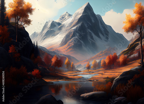 A beautiful autumn scene unfolds, where a mighty mountain towers over a serene river, its banks adorned with trees ablaze in the rich hues of the fall, painting a breathtaking portrait of nature