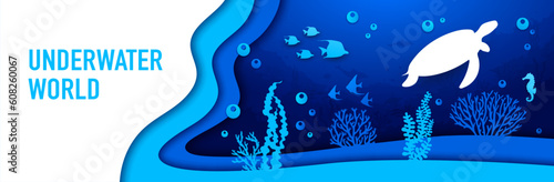 Underwater paper cut landscape, sea turtle, seaweeds and fish shoal in vector papercut. Undersea world in paper cutout layers of ocean or sea waves with turtle, seahorse and dolphins silhouette
