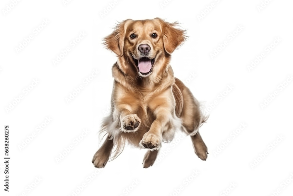 Pure youth crazy. golden retriever young dog is posing. Cute playful white-braun doggy or pet is playing and looking happy isolated on white background. Concept of motion, action generative ai