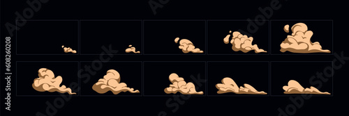 Smoke explosion animation. 2d cartoon smoke animated sprite sheet frames. Flash motion boom Exploding effect storyboard vector illustration set.