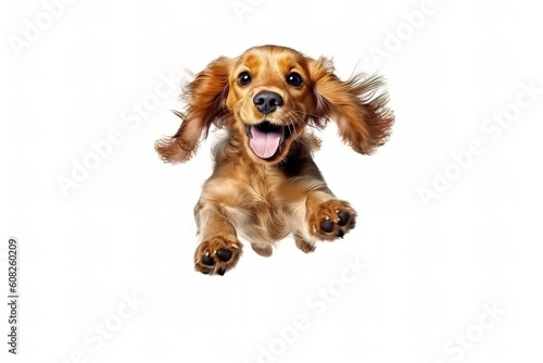 Pure youth crazy. English cocker spaniel young dog is posing. Cute playful white-braun doggy or pet is playing and looking happy isolated on white background. Concept of motion, action, generative ai