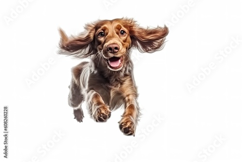 Pure youth crazy. English cocker spaniel young dog is posing. Cute playful white-braun doggy or pet is playing and looking happy isolated on white background. Concept of motion, action, generative ai