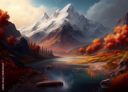 A beautiful autumn scene unfolds, where a mighty mountain towers over a serene river, its banks adorned with trees ablaze in the rich hues of the fall, painting a breathtaking portrait of nature © Musashi_Collection