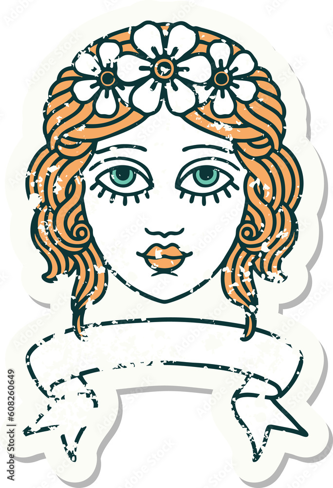 worn old sticker with banner of female face with crown of flowers worn old sticker with banner of female face with crown of flowers