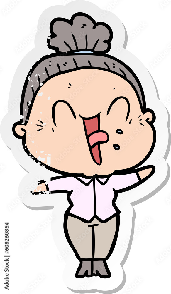 distressed sticker of a cartoon happy old woman distressed sticker of a cartoon happy old woman