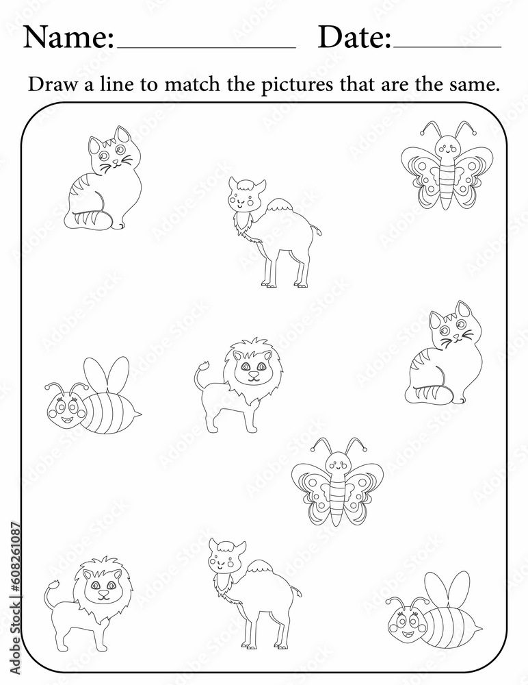 Match the same objects - activity pages for kids for homeschooling - matching puzzle Match the same objects - activity pages for kids for homeschooling - matching puzzle
