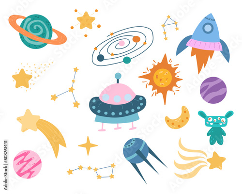 A set of space cartoon illustrations, planets and constellations.