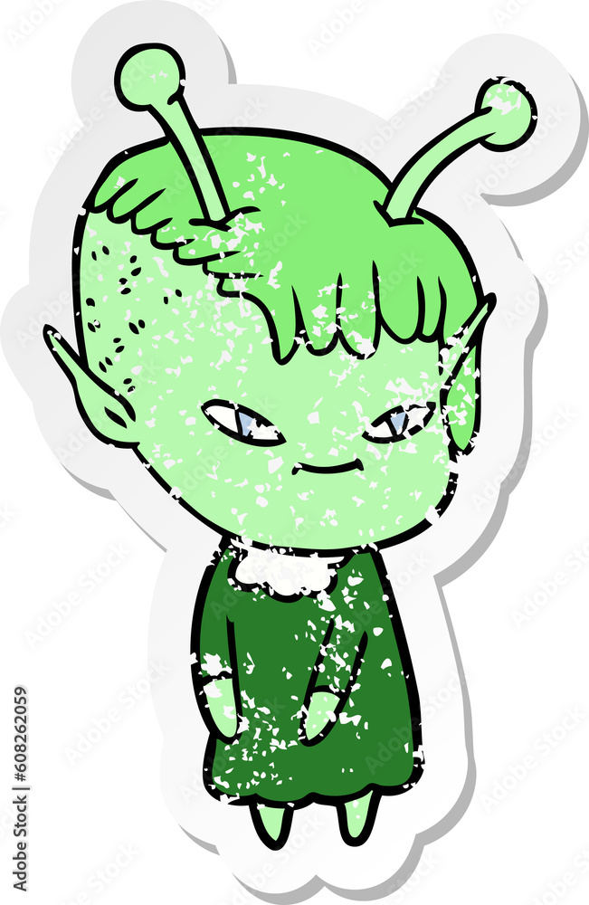 distressed sticker of a cute cartoon alien girl distressed sticker of a cute cartoon alien girl