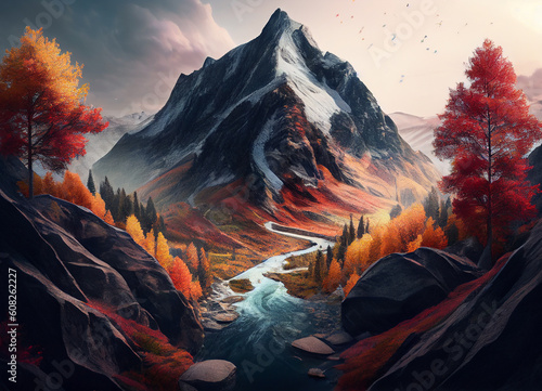 A beautiful autumn scene unfolds  where a mighty mountain towers over a serene river  its banks adorned with trees ablaze in the rich hues of the fall  painting a breathtaking portrait of nature
