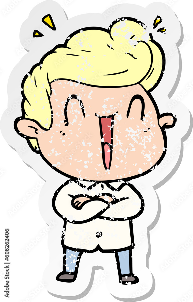 distressed sticker of a cartoon excited man distressed sticker of a cartoon excited man