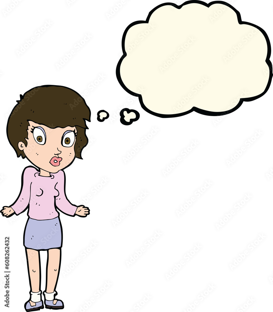 cartoon woman shrugging shoulders with thought bubble cartoon woman shrugging shoulders with thought bubble