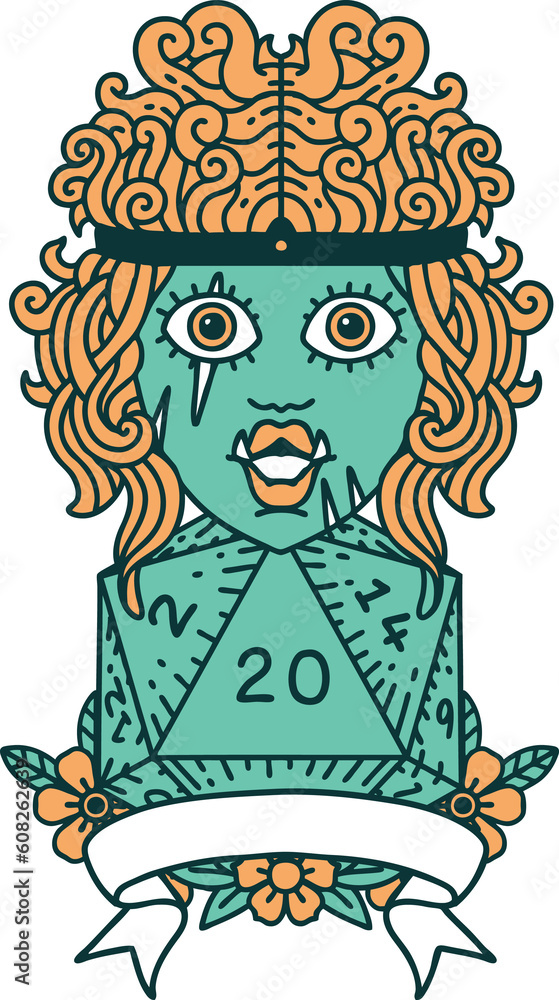 Retro Tattoo Style half orc barbarian character with natural 20 dice roll Retro Tattoo Style half orc barbarian character with natural 20 dice roll