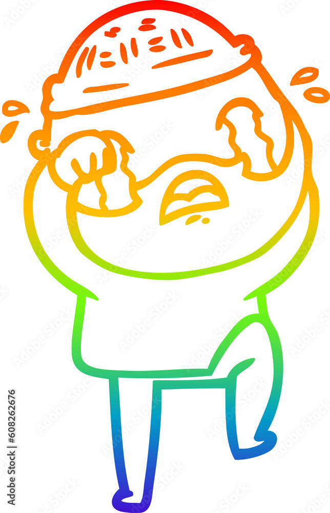 rainbow gradient line drawing of a cartoon bearded man crying and stamping foot rainbow gradient line drawing of a cartoon bearded man crying and stamping foot