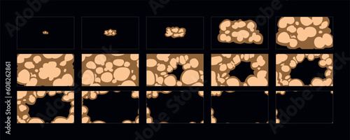Smoke explosion animation. 2d cartoon dust animated sprite sheet frames. Flash motion boom Exploding effect storyboard vector illustration set.