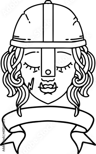 Black and White Tattoo linework Style orc fighter character face with banner