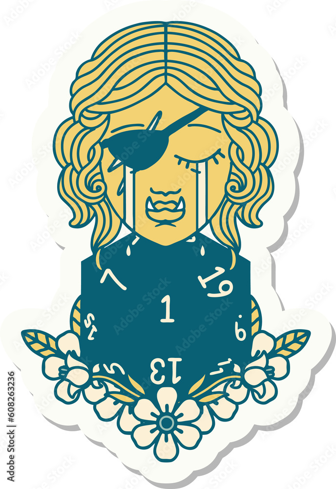 sticker of a crying half orc rogue character with natural one D20 roll sticker of a crying half orc rogue character with natural one D20 roll
