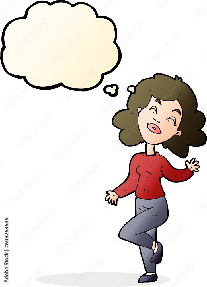 cartoon happy woman dancing with thought bubble cartoon happy woman dancing with thought bubble