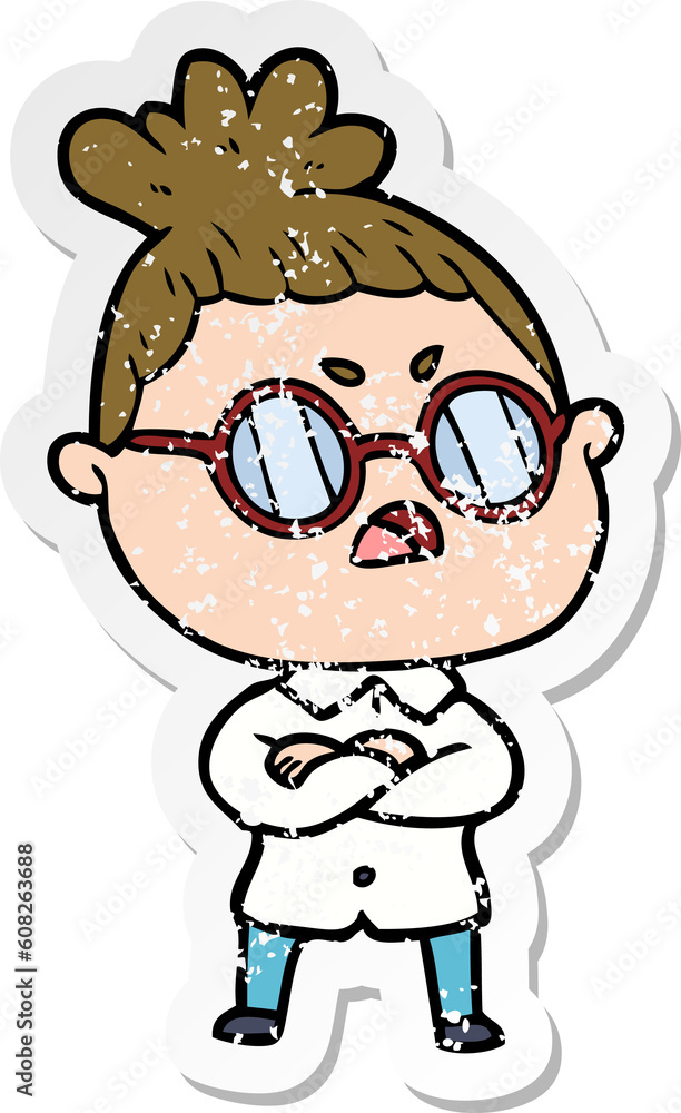 distressed sticker of a cartoon annoyed woman distressed sticker of a cartoon annoyed woman