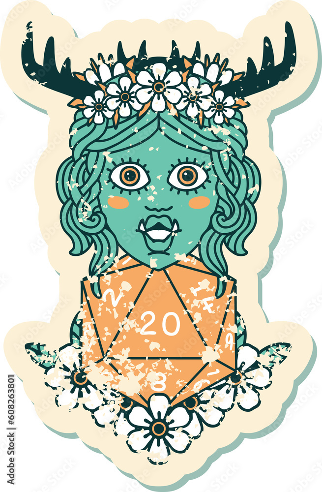 Retro Tattoo Style half orc druid with natural twenty dice roll Retro Tattoo Style half orc druid with natural twenty dice roll