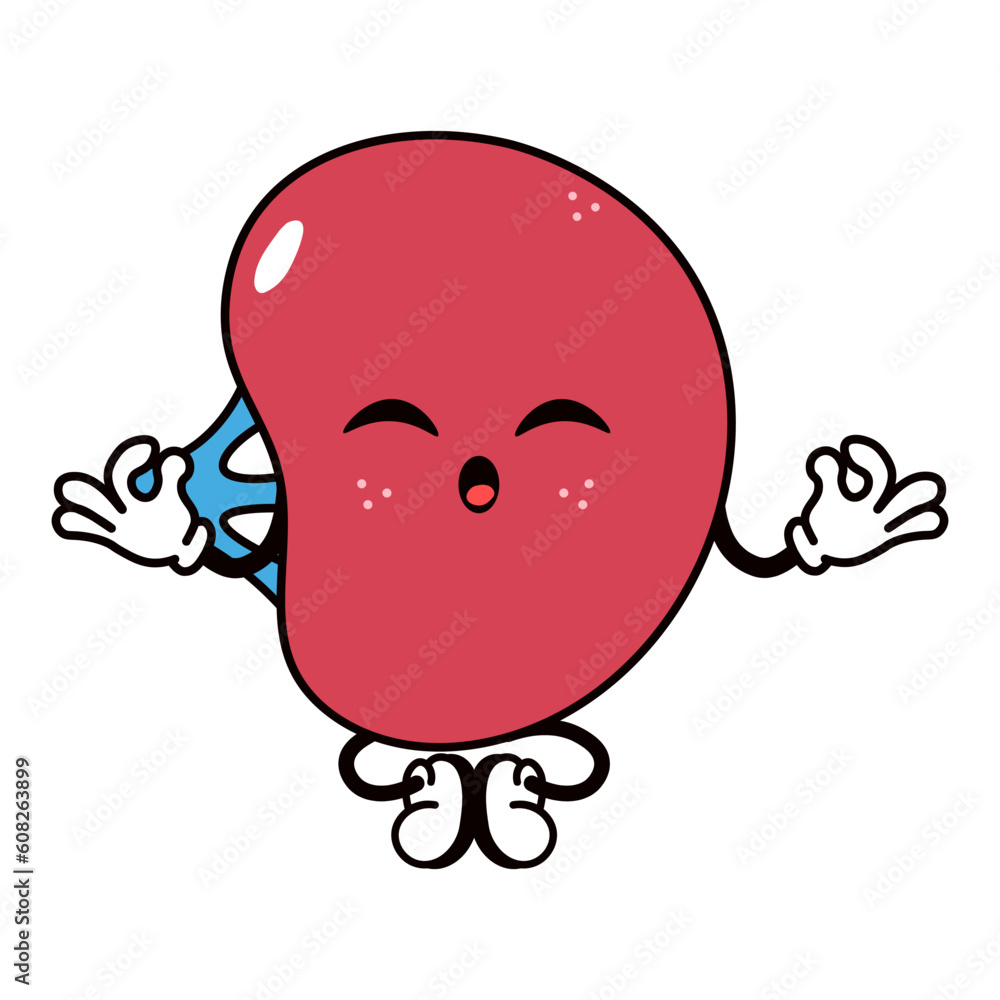 Fototapeta premium Cute funny Spleen doing yoga character. Vector hand drawn traditional cartoon vintage, retro, kawaii character illustration icon. Isolated on white background. Spleen relax character