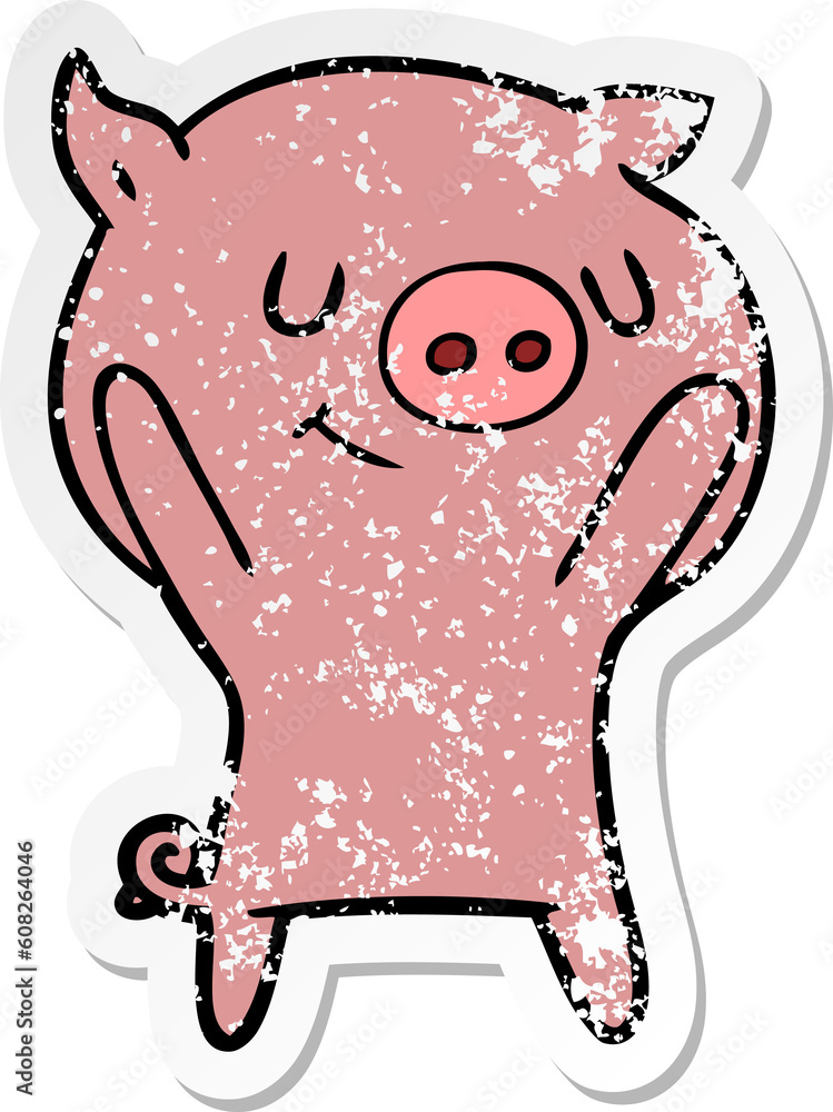 distressed sticker of a happy cartoon pig distressed sticker of a happy cartoon pig