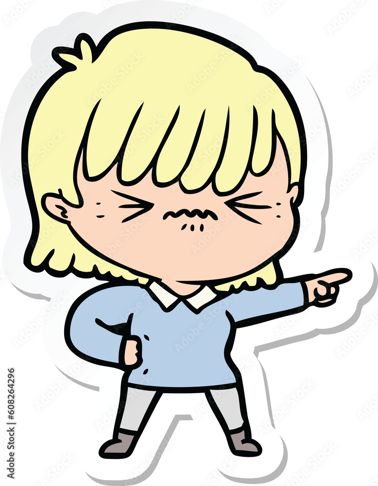sticker of a annoyed cartoon girl pointing sticker of a annoyed cartoon girl pointing
