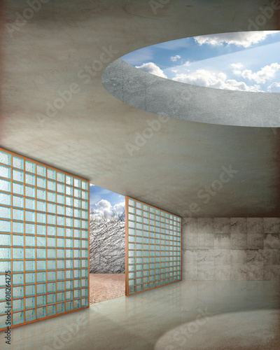 Empty space with skylight and glass block windows
