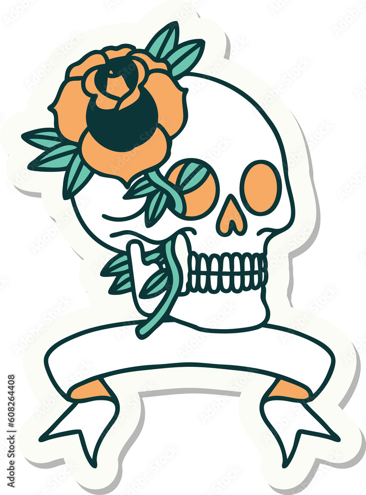 tattoo style sticker with banner of a skull and rose tattoo style sticker with banner of a skull and rose