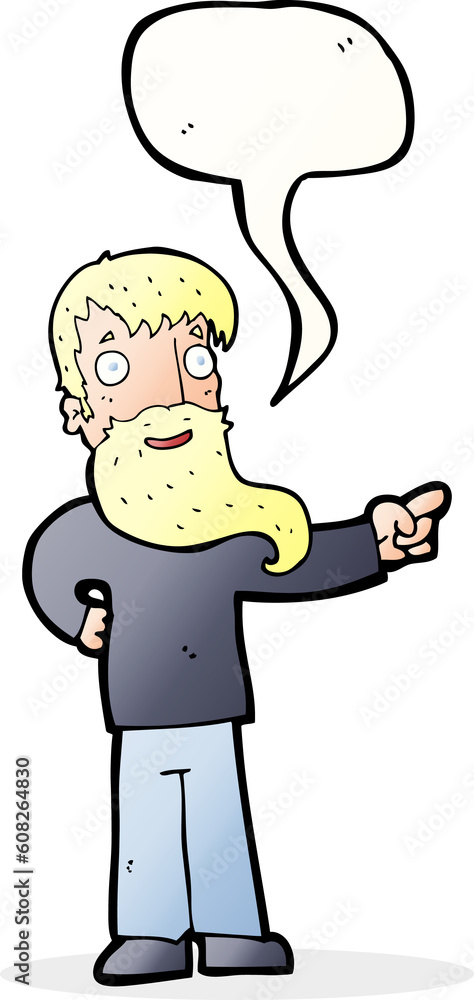 cartoon man with beard pointing with speech bubble