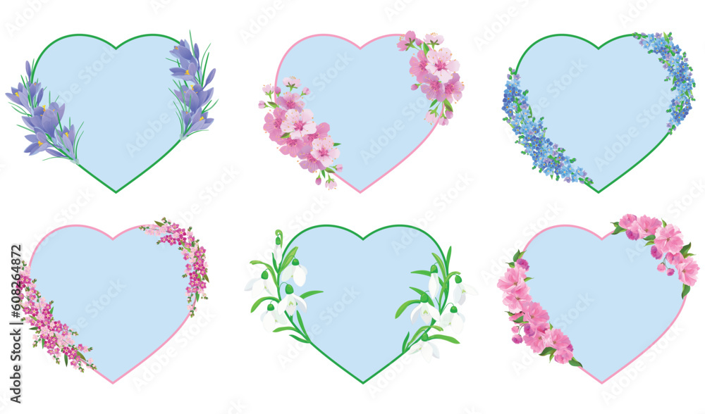 A set of decorative flower frames in the shape of a heart in blue and pink tones. Templates with spring flowers crocus sakura snowdrop, forget-me-not. Design of wedding invitations, banners, postcards A set of decorative flower frames in the shape of a heart in blue and pink tones. Templates with spring flowers crocus sakura snowdrop, forget-me-not. Design of wedding invitations, banners, postcards