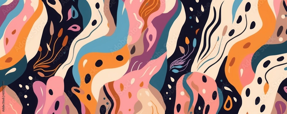 Obraz premium Hand drawn contemporary cartoon style colorful print. Trendy abstract seamless pattern. Fashionable template for design, Generative AI