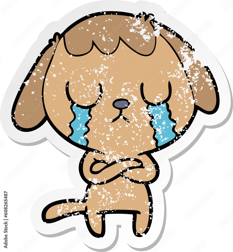 distressed sticker of a cute cartoon dog crying distressed sticker of a cute cartoon dog crying