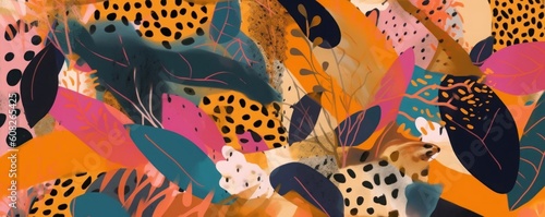 Abstract hand drawn exotic print with leopard skin. Modern collage with different shapes and textures. Groovy cartoon style pattern, Generative AI