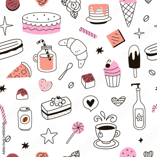 Doodle patisserie pattern. Seamless pattern with desserts, cups, sweets