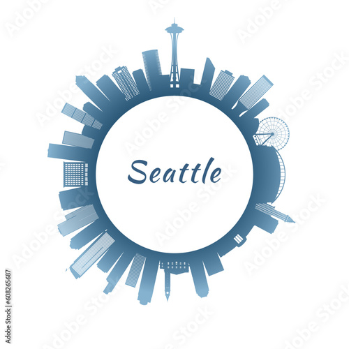 Seattle skyline with colorful buildings. Circular style. Stock vector illustration.