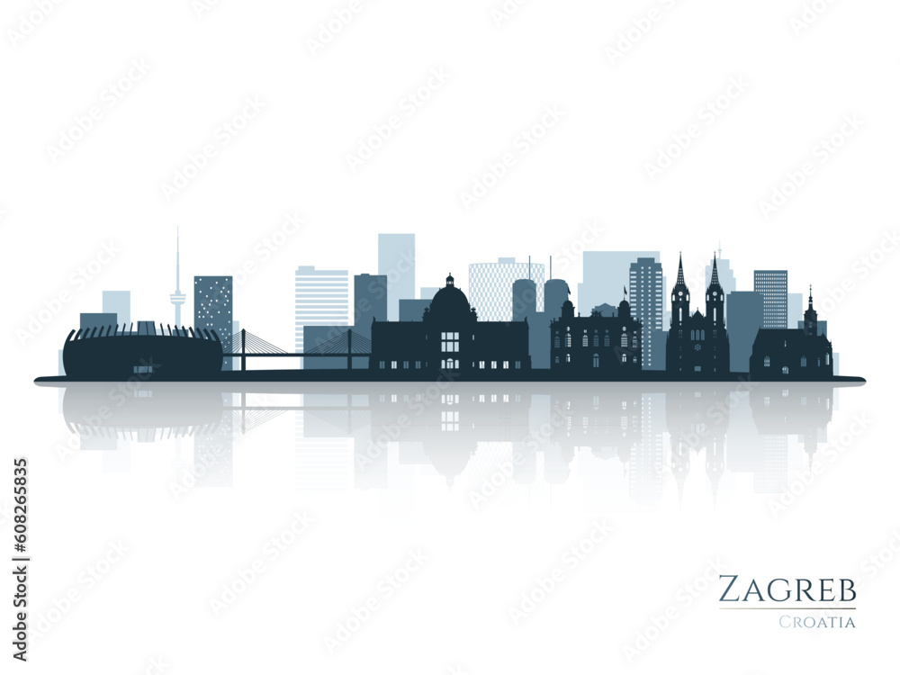 Zagreb skyline silhouette with reflection. Landscape Zagreb, Croatia. Vector illustration.