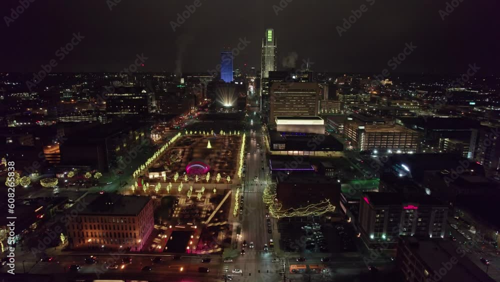 custom made wallpaper toronto digitalDowntown Omaha, Nebraska Midwestern city, buildings, hotels, and offices from drone aerial shot of night life, Christmas lights, and car road traffic
