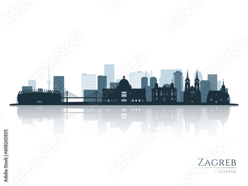 Zagreb skyline silhouette with reflection. Landscape Zagreb  Croatia. Vector illustration.