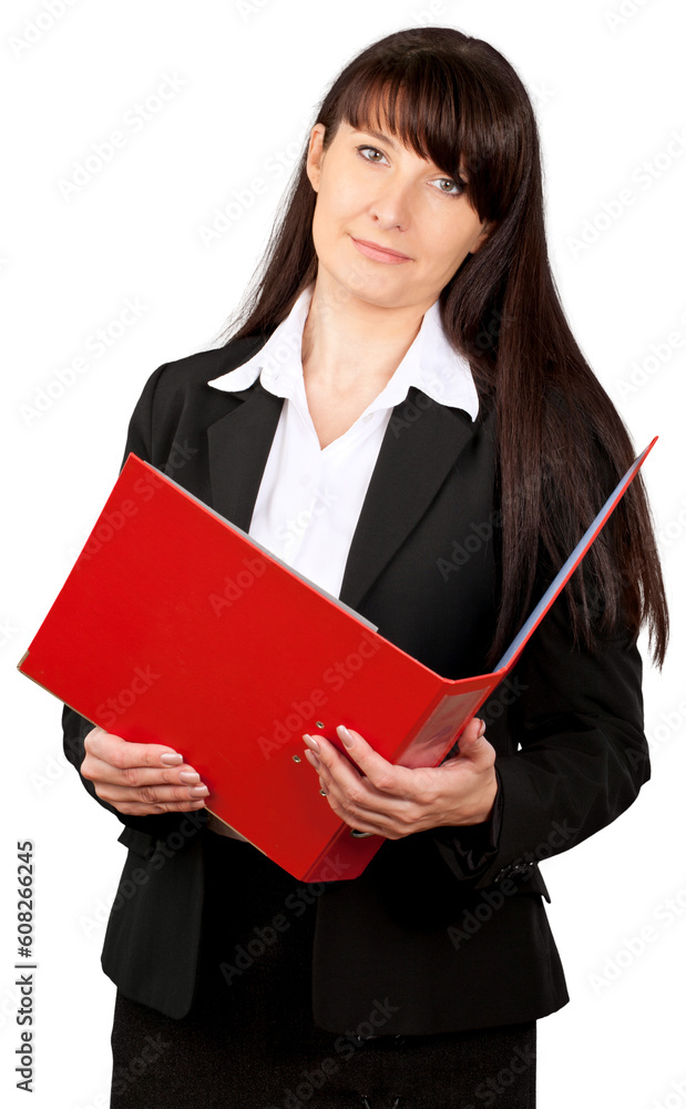 Woman in business suit with open binder Woman in business suit with open binder
