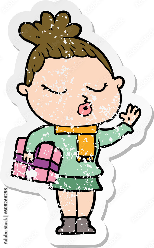 distressed sticker of a cartoon calm woman distressed sticker of a cartoon calm woman