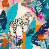 Silk scarf design. Creative contemporary collage with leopard and tropical plants. Fashionable template for design, Generative AI