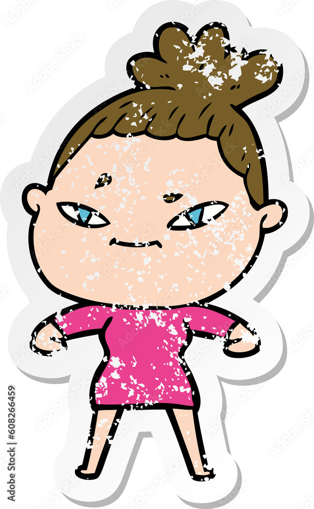 distressed sticker of a cartoon woman distressed sticker of a cartoon woman