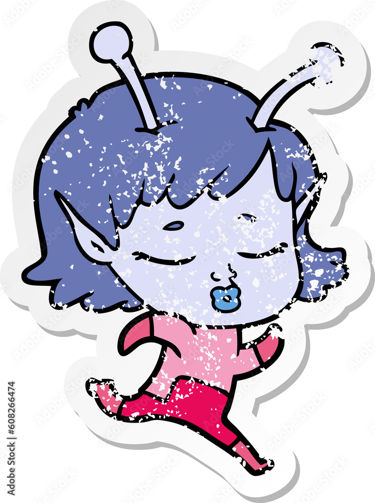 distressed sticker of a cartoon alien girl distressed sticker of a cartoon alien girl
