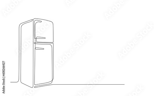One line drawing of refrigerator in retro style. Continuous line drawing of Home appliance, fridge. Editable stroke contour of refrigerator. Doodle hand drawn vector. Poster template.